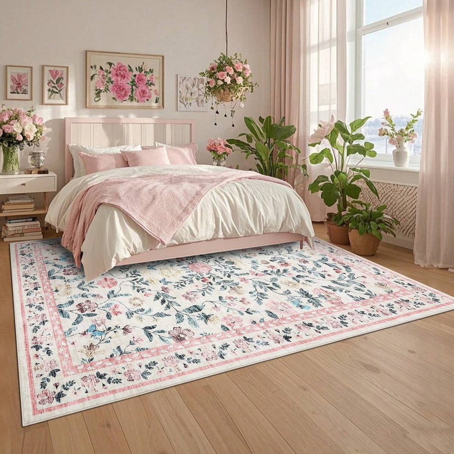 1PCS Room Decor Floral Modern Washable Low Pile Area Rug For Living Room Bedroom Contemporary Non Slip Large Rug Low Pile Stain Resistant Carpet For Classroom Dining Room Runner For Hallway Kitchen Enterway