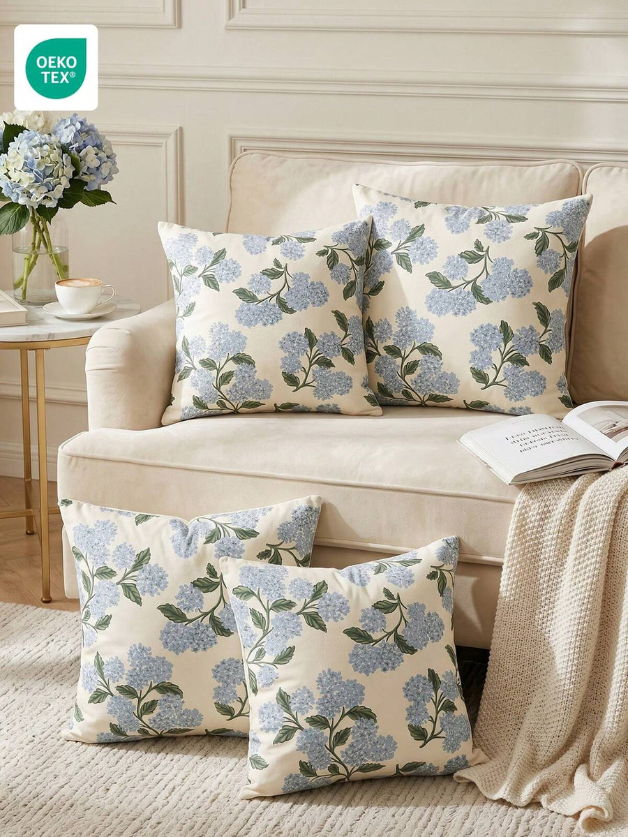 1/2/4pcs Blue Floral Pattern Pillow Covers, Soft Decorative Cushion Covers, Single-Sided Printed With Zipper, Suitable For Sofa, Bed, Bedroom, Living Room Home Decor, Breathable Skin-Friendly, Comfortable Textile, OEKO-TEX Certified