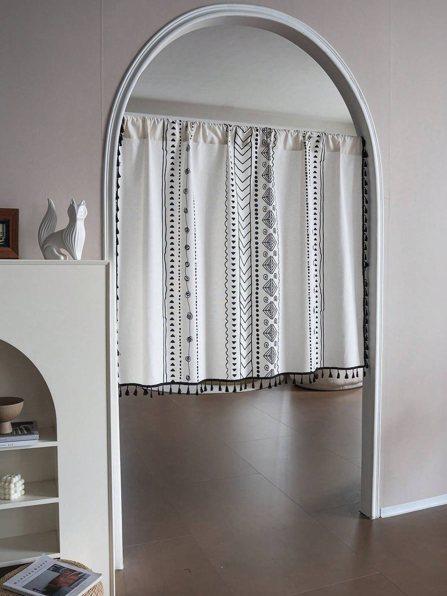 1pc Bohemian Curtain Cream White And Black Bohemian Geometric Pattern With Tassels Linen Semi-Sheer Window Drapery For Bedroom Living Room