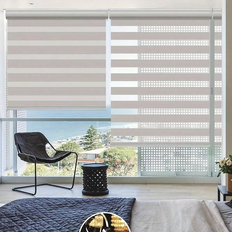 Cordless Zebra Roller Shade With Valance, Double Layered Window Blind For Day And Night, Light Filtering Window Treatment With Mesh And Opaque Fabric